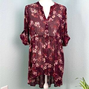 Torrid Maroon Floral Hi-Lo Chiffon Button Up V-Neck | Size 10 M/L